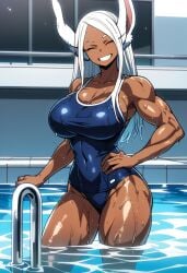 ai_generated big_breasts boku_no_hero_academia breasts cleavage collarbone dark-skinned_female dark_skin female huge_breasts in_pool in_water kemonogirls large_breasts long_hair mature_female milf mirko miruko muscle_mommy muscles muscular muscular_female my_hero_academia one-piece_swimsuit pool rumi_usagiyama school_swimsuit shonen_jump smile white_hair