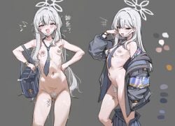8_ni armpit_hair black_jacket blue_archive blue_necktie body_writing breasts clothes_pull female female_pubic_hair grey_eyes grey_hair grey_halo halo jacket jacket_pull konoka_(blue_archive) lactation long_hair mask mask_pull mouth_mask necktie open_clothes open_jacket open_mouth pubic_hair pussy_juice small_breasts smile white_pubic_hair