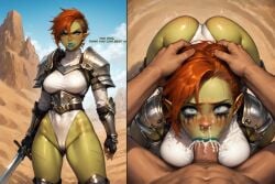 ai_generated armor ass_up before_and_after blowjob blowjob_face cameltoe cum cum_from_nose cum_inside defeated defeated_heroine english_text fellatio female female_focus female_knight freckles hi_res highres instant_loss instant_loss_2koma leotard male_pov mozag_(rodinsinker) oral oral_penetration oral_rape oral_sex orc_female original_character pov rape red_hair rodinsinker running_mascara solo_focus stable_diffusion straight tears vacuum_blowjob vacuum_fellatio