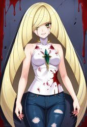 ai_generated blonde_hair blood blood_on_clothing blood_on_face civitai damaged_clothes green_eyes jeans long_hair lusamine_(pokemon) pokemon ripped_clothing ripped_clothing tank_top tanktop white_tank_top