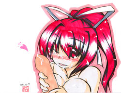 blush breasts cum cum_on_body cum_on_breasts cum_on_upper_body dated facial female hair_ribbon heart kanata_310 large_breasts long_hair nude penis ponytail red_eyes red_hair ribbon solo stamp tied_hair under_night_in-birth wink yuzuriha