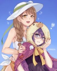 2girls alternate_costume annoyed bare_arms bernadetta_von_varley bernadetta_von_varley_(summer) bikini blue_background braid braided_ponytail breasts brown_hair cape cleavage female female_only fire_emblem fire_emblem:_three_houses fire_emblem_engage fire_emblem_heroes frown goldmary_(fire_emblem) goldmary_(summer)_(fire_emblem) hair_between_eyes hair_over_shoulder hand_on_another's_arm happy hat highres hood large_breasts long_hair looking_at_viewer looking_back mole mole_on_breast multiple_girls nail_polish nintendo official_alternate_costume pink_nails purple_bikini purple_eyes purple_hair purple_swimsuit sarong see-through short_hair side_ponytail small_breasts sun_hat swimsuit symoca white_bikini white_swimsuit yellow_eyes yellow_sarong