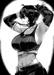 1girls armpit armpits arms_up armwear bandage_on_face belly belly_button big_breasts black_and_white busty clothed female goggles goggles_on_head grace_howard hoyoverse huge_breasts large_breasts masoq095 mechanic mihoyo monochrome mostly_clothed sweat sweating sweaty sweaty_armpits tomboy tummy zenless_zone_zero