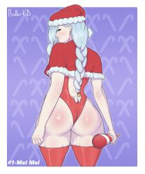 2023 2d ass ass_focus ballerkid big_ass big_butt bodysuit christmas christmas_clothing christmas_hat christmas_outfit clothed clothing female grey_hair holidays huge_ass jjk jujutsu_kaisen mei_mei_(jujutsu_kaisen) one-piece_dress purple_background red_clothing smile_at_viewer solo solo_female thick_ass thick_thighs thighhighs thighs wide_hips