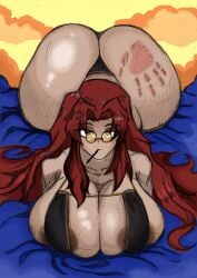 1girls areola_slip areolae ass bikini breasts cleavage dark_nipples female female_only gebura_(lobotomy_corporation) glasses hand_print hand_print_on_ass huge_ass huge_breasts kronos_tempo large_breasts letus_comment lobotomy_corporation long_hair looking_at_viewer object_in_mouth project_moon red_hair solo spank_marks sunglasses swimsuit yellow_eyes