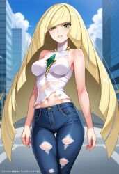 ai_generated blonde_hair civitai damaged_clothes green_eyes jeans long_hair lusamine_(pokemon) pokemon ripped_clothing ripped_clothing tank_top tanktop white_tank_top