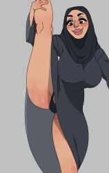 abaya big_breasts full_lips grey_eyes hijab leg_split leg_up panties rosy_cheeks