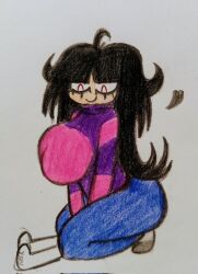 1boy 1girls anon anonymous_male ass big_ass big_breasts big_butt black_hair breasts facesitting female jeans krala_ulti long_black_hair long_hair looking_down male male/female needlemouse_(series) nipple_bulge red_sclera sarah_henderson_(needlemouse) shirt smile smiling socks thighs