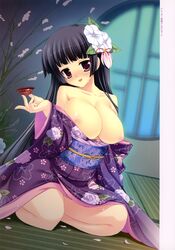 black_hair breasts cherry_blossoms cleavage copyright_request drunk female flower hair_flower hair_ornament high_resolution hime_cut itou_life japanese_clothes kimono knees_together_feet_apart large_breasts nipples open_clothes open_shirt red_eyes sake sweatdrop tatami tongue