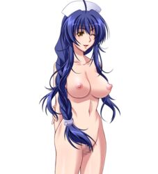 black_rainbow blue_hair breasts censored female game_cg large_breasts long_hair naruse_ai navel nipples nude nurse nurse_hat simple_background smile solo soukan_yuugi_2 standing wink yellow_eyes yoshino_keiko