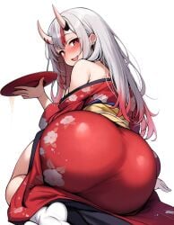 arm_support ass_focus drunk from_behind full-face_blush hololive huge_ass kimono kneeling looking_back nakiri_ayame naughty_smile sakanaya_(sakanaya952) sake_dish thick_thighs virtual_youtuber wide_hips