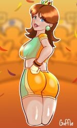 1girls artist_name ass ass_focus big_ass blue_eyes breasts brown_hair daisy's_hot_stuff_(trend) fat_ass female female_only gloves hand_on_hip highres large_breasts legs looking_at_viewer looking_back mario_(series) mario_strikers midriff nintendo orange_shorts parted_lips pose posing princess_daisy red_lipstick seductive seductive_look seductive_smile sensual short_hair shorts sideboob smile soccer soccer_uniform solo sportswear thighs voluptuous