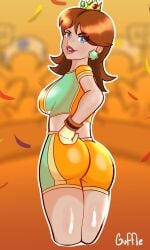 1girls artist_name ass ass_focus big_ass bimbo blue_eyes breasts brown_hair daisy's_hot_stuff_(trend) fat_ass female female_only gloves hand_on_hip highres large_breasts legs looking_at_viewer looking_back mario_(series) mario_strikers midriff nintendo orange_shorts parted_lips pose posing princess_daisy red_lipstick seductive seductive_look seductive_smile sensual short_hair shorts sideboob smile soccer soccer_uniform solo sportswear thighs voluptuous