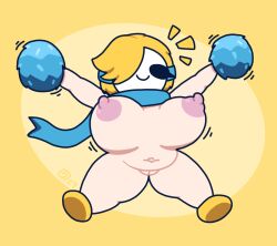 1girls areola areolae blonde_hair bouncing_breasts cheerleader female_only huge_breasts jumping mario_(series) mask naked navel nintendo nipples nude octotron2000 plump pom_poms pussy shoes shortstack shy_gal smile solo solo_female thick_thighs wide_hips