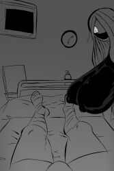 1boy 1girls crazy_eyes creepy cyclops female horror hospital hospital_bed huge_ass huge_breasts male monochrome monster monster_girl nude pov public public_nudity repomorame scary sleep_paralysis_demon yandere