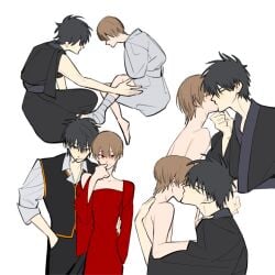 2boys black_hair brown_hair cigarette classic0242 clothed_male_nude_male crossdressing dress embrace femboy gay gintama hijikata_toshiro kimono kissing male male_only multiple_scenes okita_sougo pale-skinned_male pale_skin red_eyes smile smoking twink yaoi