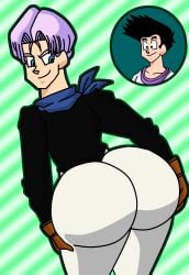 2boys ass big_ass big_butt black_eyes black_hair blue_eyes butt dragon_ball dragon_ball_gt fat_ass fat_butt fully_clothed hand_on_butt huge_ass huge_butt looking_back male male_only purple_hair shounen_jump son_goten tensiisphere thick_ass thick_butt trunks_briefs