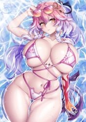 1girls bikini breasts changli_(wuthering_waves) female hips huge_breasts large_breasts light_skin long_hair lying_on_back pink_hair sevie thick_thighs thighs wide_hips wuthering_waves