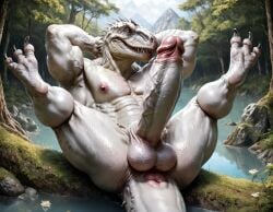 1boy abs ai_generated anthro anus ass ass_focus balls bara big_ass big_balls big_muscles big_nipples big_pecs big_penis booster_rex daddy dilf dinosaur erect_nipples erection gay huge_balls huge_cock huge_muscles huge_nipples huge_pecs hunk indominus_rex jurassic_park male male_only muscular muscular_human muscular_male navel nipples nude pecs penis prehistoric reptile scalie solo white_body