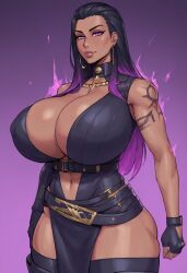 ai_generated big_breasts goth goth_girl leather_clothing long_hair looking_at_viewer niduscharger olive_skin purple_eyes reyna_(valorant) tattoo tattooed_arm valorant wide_hips