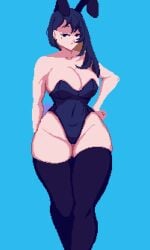 1girls animated big_breasts binah black_hair blue_background breasts bunny_ears bunny_girl bunnysuit library_of_ruina limbus_company pale_skin piercing pixel_animation pixel_art project_moon stockings thick_thighs two_tone_hair white_skin yellow_hair zolotokos