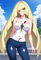 ai_generated blonde_hair blood blood_on_clothing blood_on_face civitai damaged_clothes green_eyes jeans long_hair lusamine_(pokemon) pokemon ripped_clothing ripped_clothing tank_top tanktop white_tank_top