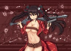 2d black_hair breasts covered_nipples dante_(cosplay) date_a_live exposed_breasts exposed_torso gun heterochromia light-skinned_female red_eyes shorts solo solo_female sword thighs tokisaki_kurumi twintails