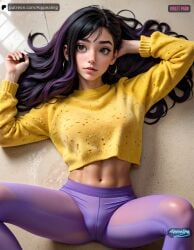 1girls ai_generated athletic female female_only hot human leggings legs_spread petite solo sweater teenage_girl teenager the_incredibles violet violet_parr