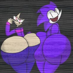 2girls actualbeef anthro ass ass_on_ass black_hair butt female female_anthro female_only hedgehog hedgehog_girl hedgehog_humanoid huge_ass huge_butt jeans long_black_hair long_hair looking_at_viewer looking_back multiple_girls needlemouse_(character) needlemouse_(series) pants_down purple_fur red_sclera sarah_henderson_(needlemouse) sharp_teeth shirt smile smiling smiling_at_viewer squeezing_ass static