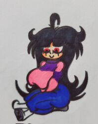 1boy 1girls anon anonymous_male ass big_ass big_breasts big_butt black_hair breasts facesitting female jeans krala_ulti long_black_hair long_hair looking_down male male/female needlemouse_(series) nipple_bulge red_sclera sarah_henderson_(needlemouse) shirt smile smiling thick_thighs thighs