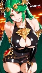 1girls adjusting_panties ai_generated bare_shoulder bodycon boosterred99 bridal_gauntlets cameltoe cleavage clothing_cutout covered_navel covered_nipples cutout dress female female_only green_eyes green_hair jewelry kid_icarus kid_icarus_uprising large_breasts latex_panties leaning_forward long_hair nintendo palutena palutena_(cosplay) post-timeskip ring seductive_smile shiny_clothes side-tie_panties side_locks sideboob skirt solo stockings tiara underboob wavy_hair