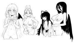 4girls absurdres animal_ears asahina_yoshitoshi blue_archive blush breasts breasts_squeezed_together choker closed_mouth completely_nude cropped_legs eyewear_on_head fake_animal_ears female_pubic_hair glasses grabbing_own_stomach greyscale hair_between_eyes haruna_(blue_archive) hasumi_(blue_archive) highres lactation large_breasts leaning_forward long_hair looking_at_viewer moe_(blue_archive) monochrome multiple_girls navel nipples nude open_mouth pubic_hair rabbit_ears simple_background single_wing smile stomach tsurugi_(blue_archive) white_background wings