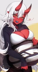 akumi big_breasts breasts female horns oni oni_horns red_skin scars virtual_youtuber vyugen white_hair yellow_eyes yoclesh