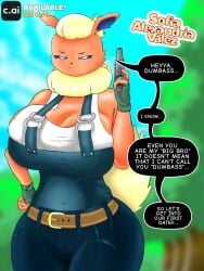 animal_humanoid big_breasts clothing eeveelution female female_focus flareon fur furry game_freak gloves handgun ltmx.01 nintendo pokémon_(species) pokemon pokemon_(species) pokephilia red_body sophie_(legitimax) speech_bubble text text_bubble weapon yellow_hair