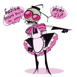 alien alien_only bileshroom black_boots black_gloves blush crossdressing cute fanart invader_zim maid_headdress maid_outfit maid_uniform no_humans no_visible_genitalia non-human non-human_only pinup revealing_clothes revealing_outfit solo_male suggestive zim