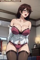 ai_generated aindroidparanoid big_breasts breasts brown_eyes brown_hair cleavage curvy curvy_figure glasses hips huge_breasts kagome_ririko large_breasts lingerie narrow_waist nipples pussy rosario+vampire school short_hair skirt slim_waist stable_diffusion teacher wide_hips