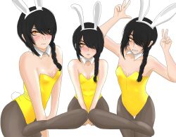 1girls armpits arms_up bare_shoulders black_hair blush braid braided_ponytail bunny_ears bunny_tail bunnysuit chainsaw_man demon demon_girl double_v female flat_chest flat_chested hair_over_one_eye long_hair nayuta_(chainsaw_man) peace_sign ponytail small_breasts vestartist yellow_eyes young young_woman