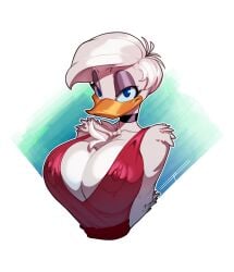 1girls 2018 2018s anatid anseriform anthro avian beak big_breasts bird blue_eyes breasts chest_tuft choker cleavage clothed clothing daisy_duck digital_media_(artwork) disney duck eyelashes eyeshadow feathers female female_focus female_only glistening_eyelids hair half-closed_eyes hi_res jewelry lidded_eyes looking_at_viewer narrowed_eyes necklace nipple_outline non-mammal_breasts quack_pack red_clothing red_shirt red_topwear shirt simple_background smile solo taboolicious tuft white_background white_body white_feathers white_hair white_hair_female