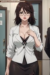 ai_generated aindroidparanoid big_breasts breasts brown_eyes brown_hair cleavage curvy curvy_figure glasses hips huge_breasts kagome_ririko large_breasts narrow_waist rosario+vampire school short_hair skirt slim_waist stable_diffusion teacher wide_hips