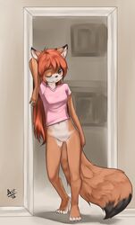 anthro aogami bottomless canine female fox fur furry hair looking_at_viewer one_closed_eye pussy red_hair skimpy solo