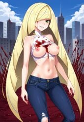 ai_generated blonde_hair blood blood_on_clothing blood_on_face civitai damaged_clothes green_eyes jeans long_hair lusamine_(pokemon) nipple_slip nipples pokemon ripped_clothing ripped_clothing tank_top tanktop white_tank_top