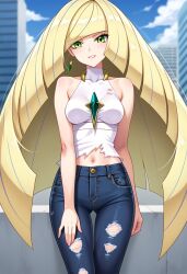 ai_generated blonde_hair civitai damaged_clothes green_eyes jeans long_hair lusamine_(pokemon) pokemon ripped_clothing ripped_clothing tank_top tanktop white_tank_top