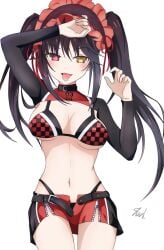 belly_button bikini_top blush breasts date_a_live exposed_torso heterochromia light-skinned_female long_hair racing_suit red_eyes shorts skirt solo solo_female thighs tokisaki_kurumi tongue_out