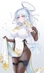 bare_shoulders big_breasts black_bodysuit black_gloves blue_archive blush bodysuit breasts chinese_clothes elbow_gloves folding_fan gloves hair_ornament halo lifting_own_clothes long_hair noa_(blue_archive) open_mouth purple_eyes sleeveless sleeveless_dress smile thigh_strap thighs white_hair yoru0409