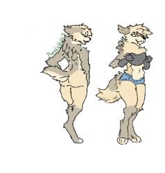 animal artist_freakybrostm ass background body_fur breasts ear eyes female full_body furry furry_female green multiple_views navel shorts simple standing tail white