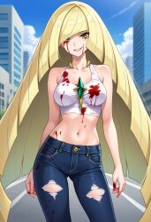 ai_generated blonde_hair blood blood_on_clothing blood_on_face civitai damaged_clothes green_eyes jeans long_hair lusamine_(pokemon) pokemon ripped_clothing ripped_clothing tank_top tanktop white_tank_top