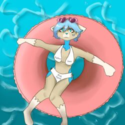 bikini blue_fur blueberry_bean blueberry_bean_(artist) furry looking_at_viewer looking_bored pool text_on_clothing