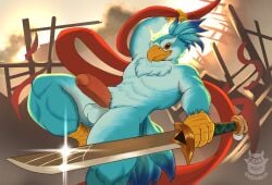 anthro avian balls beak bird blue_body dasinbun digital_drawing_(artwork) digital_media_(artwork) erection fur genitals hi_res holding_object holding_weapon kez_(dota) male melee_weapon solo sword weapon