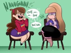 2girls armchair ass ass_focus blonde_hair bodily_fluids braces brown_hair chair clothed clothing crossed_legs dildo disney_channel earrings english_text female floor gravity_falls hoop_earrings huge_ass huge_butt human jacket light-skinned_female light_skin long_hair mabel_pines ota_(artist) pacifica_northwest sex_toy shirt simple_background sitting_on_dildo skirt sweater teasing unamused wall