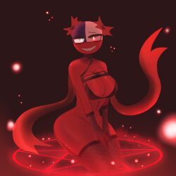 1girl big_breasts black_background breasts chile_(countryhumans) countryhumans countryhumans_girl demon demon_girl female heterochromia lingerie oksaoksa pentagram provocative red_background red_body red_eyes solo succubus white_eyes